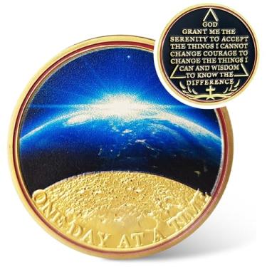 Imagem de ELCJJ One Day at A Time Moeda de Sobriedade AA Medalhões Chip Universo Sol Lua Terra Serenidade Oração Chips Addiction Recovery Gift