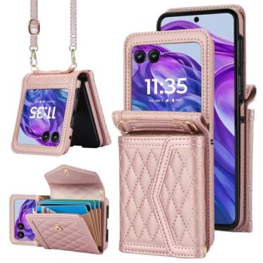 Imagem de Capa para celular Motorola Razr 2024/Moto Razr 50 com protetor de tela de vidro temperado com bloqueio de RFID, compartimento para cartão de crédito, alça transversal, suporte Razr2024, 5G, mulheres,