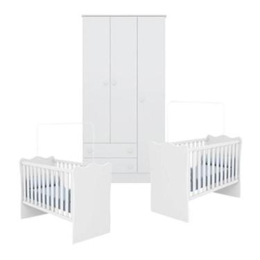 Imagem de Quarto de Bebê Gemeos Berço e Guarda Roupa Doce Sonho Branco Qmovi