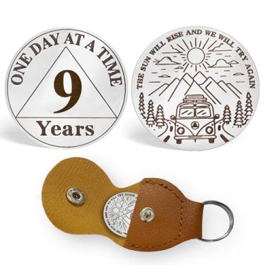 Imagem de CHURYUML Moeda de sobriedade de 9 anos One Day at A Time Sobriety Chip Nove Year AA Recovery Medalhões Sober Affirmation Token Sobriety Gifts for Men Women Alcoholics Anonymous Gift with PU Leather