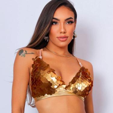 Imagem de Top Paetê Escama Bustiê Metalizado Biquini Sutiã Fantasia Brilho Cosplay Sereia Acessório Festa Carnaval Bloquinho Folia