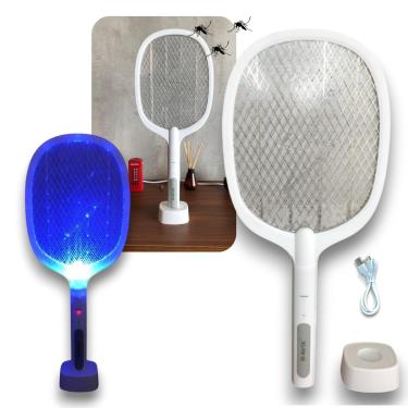Imagem de Raquete Elétrica Recarregável Mata Insetos Bivolt 110/220v Mata Pernilongos, Dengue Mosquito em geral com Armadilha De Led Ultra Violeta