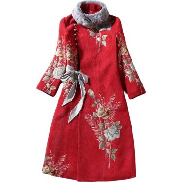 Imagem de Vestido cheongsam chinês feminino - inverno estilo chinês moda vintage qipao feminino vestido tradicional chinês quente engrossado melhore moderno elegante manga comprida cheongsam, vermelho
