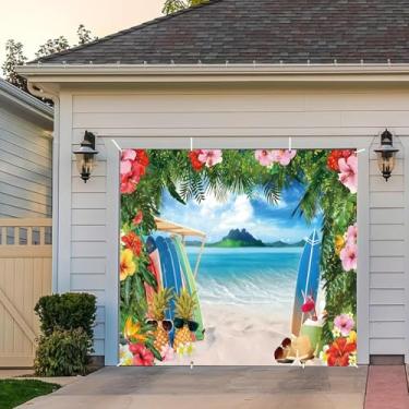 Imagem de 2,1 x 4,9 m faixa de cobertura de porta de garagem praia verão oceano havaiano luau aloha decorações de festa pano de fundo tropical palmeira prancha de surf mar à beira-mar fotografia fundo férias