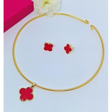 Imagem de kit Colar Choker + Par de Brincos Aro Liso Rigido Brinco antialérgico 