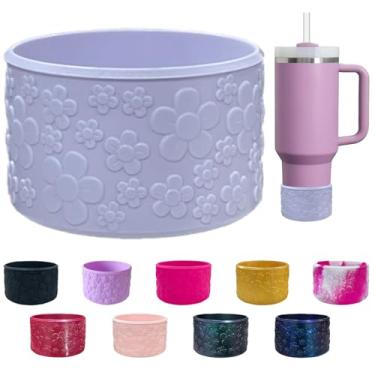 Imagem de Lnulyaciy Bota de silicone floral, para Stanley Cup 40/30/567 g, bota de silicone antiderrapante compatível com copos Hydroflask Boot de 340 a 680 g e mais garrafas, protetor inferior de 7,5 cm (roxo