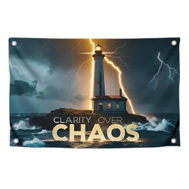 Imagem de Bandeiras minimalistas de 9 x 1,2 m com citações com quatro argolas de latão - Banner Clarity Over Chaos para decoração de parede - Banner clássico para interior - Bandeira com imagem Lightning