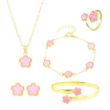 Imagem de Conjunto de joias modernas de trevo de cinco folhas, banhado a ouro 18 K, colar e brincos para mulheres - rosa, Zinco, Sem Pedra Preciosa