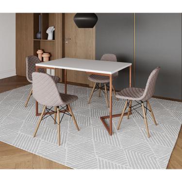 Imagem de Mesa Jantar Industrial Retangular Branca 120x75 Base V Cobre c/ 4 Cadeiras Estofada Nude Médio Madei
