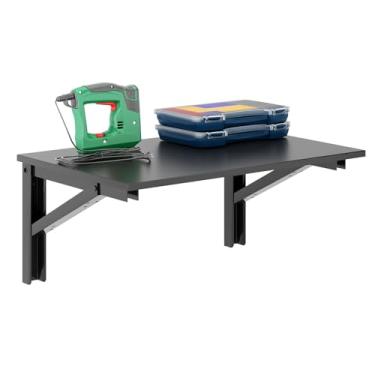 Imagem de Necessário bancada de parede pequena dobrável para trabalho pesado pequena mesa dobrável de parede comprimento 36" largura 20" perfeita adição para home office/lavanderia/casa/cozinha e sala de jantar AC15CB(9050) L30" * W20" Black Walnut Color Desktop & Black Folding Shelf Brackets