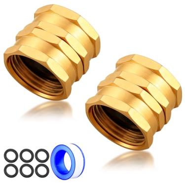 Imagem de UNWAVER Conexões de mangueira de jardim de latão sólido conectores fêmea adaptador de latão resistente acoplador líder de torneira fêmea duplo conector de mangueira de água (3/10.2 cm) 2 peças