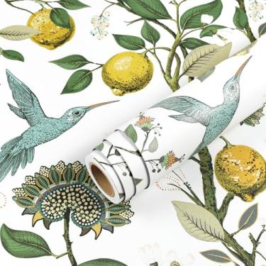 Imagem de Livelynine Papel de parede de limão amarelo azul 44,5 x 701 cm papel de parede de cozinha papel de parede à prova d'água limão vintage floral e beija-flor papel de parede pré-colado limoeiro fresco