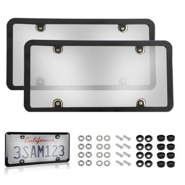 Imagem de Capas e molduras para placas, pacote com 2 capas de placa de carro pretas e quadros, capas de placa de carro dianteira/traseira de plástico com tampas de parafusos, acessórios universais de carro para