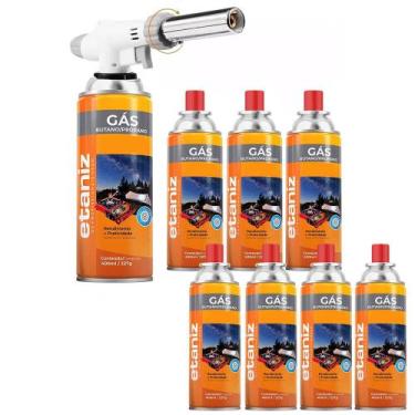 Imagem de Kit Maçarico Culinário Recarregável Profissional + 8 Refis Gás Butano 