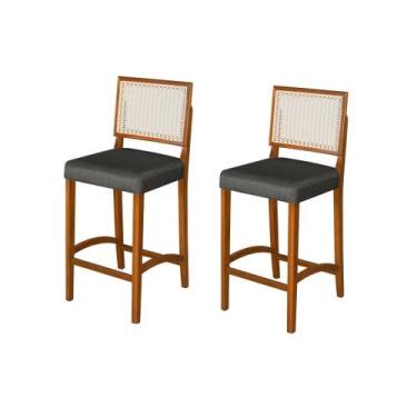 Imagem de Kit 2 Banquetas Altas Pés Em Madeira Maciça Com Encosto em Rattan e As