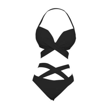 Imagem de kowaku Mulheres Biquíni Conjunto de roupas de banho Nylon Cross Strappy Triângulo Triângulo Botivo de banho para atividades aquáticas de clubes Piscinas de, Xl, Preto