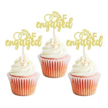 Imagem de Ercadio Pacote com 24 Topper de cupcake We're Engaged Gold Glitter Wedding Engagement Cupcake Picks Somos escolhas de cupcake de noivado para chá de panela, tema de casamento, decoração de bolos