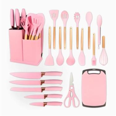 Imagem de Utensilios para Cozinha Silicone Kit com 19 Peças Cabo Madeira Suporte Faca Antiaderente Tabua Tesoura Faqueiro (ROSA) - YODHE