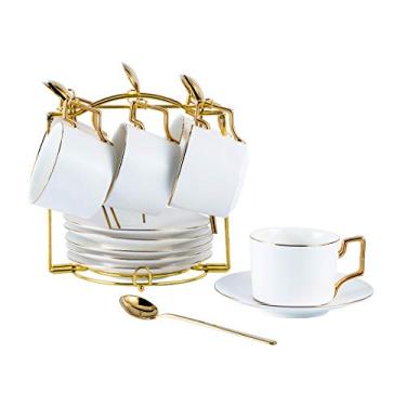 Imagem de Conjunto de copos de café de porcelana fosca Yelife 19 peças com colher de pires, chávenas de chá e pires, conjunto de chá de porcelana branca, conjunto de 6 xícaras de café, Branco