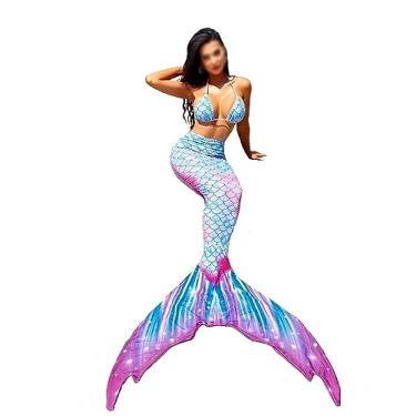 Imagem de LVTFCO Saia sereia adulto verão três peças moda praia cauda de peixe pendurado pescoço terno desempenho palco, azul - M