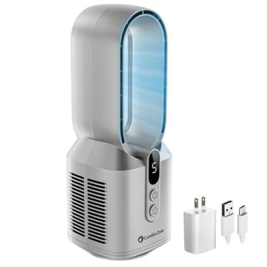 Imagem de Comfort Zone Ventilador de mesa recarregável de 35,5 cm com 5 velocidades, tela de exibição, pés antiderrapantes, operação silenciosa – Ventilador pessoal portátil para quarto, casa ou escritório