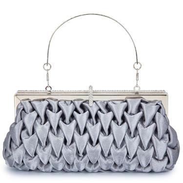 Imagem de Bolsa clutch clássica de cetim ornamentada com diamante formal para festas de formatura de casamento, Prata