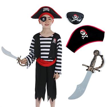 Imagem de Rabtero Toddler Pirate Costume Kids, Boys Pirate Costume with Hat, Eyepatch, Cutlass, Halloween Cosplay Party Cruise Buccaneer Dress Up for Kids 5-6 Years