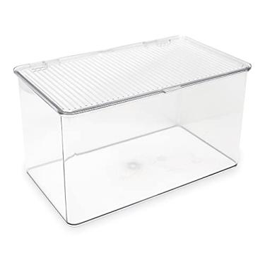 Imagem de Isaac Jacobs Large Stackable Organizer Bin (10.75” x 6.5” x 6.1”) w/ Hinged Lid, Clear Storage Box, Home, Office, School, Fridge, Bathroom, Kitchen, Pantry Container, BPA-Free, Food Safe (Large, Clear)