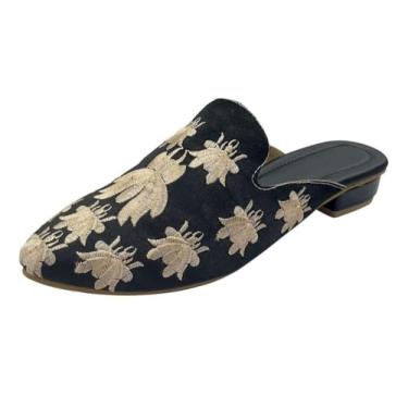 Imagem de Mules femininas étnicas abertas – Juttis indiano sem cadarço feito à mão | Sapatilhas Boho bordadas | Sapatos tradicionais confortáveis sem costas nuas para casamento, escritório e uso diário, Preto