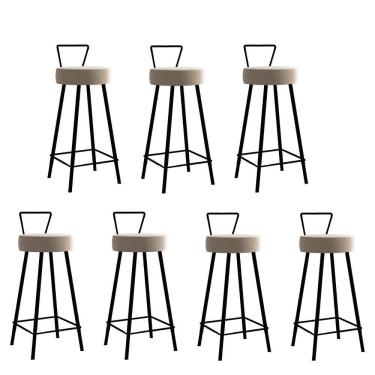 Imagem de Kit 07 Banqueta Alta Encosto Tays Eiffel Cozinha Bistrô Ferro Preto Corino Bege Amey Decor