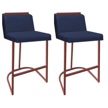 Imagem de Kit 02 Banquetas Com Encosto Confort Bistrô Cozinha Ferro Bronze Suede Azul Marinho Amey Decor