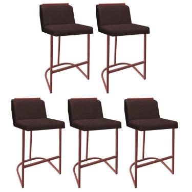 Imagem de Kit 05 Banquetas Com Encosto Confort Bistrô Cozinha Ferro Bronze Suede Marrom Amey Decor