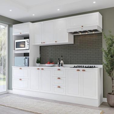 Imagem de Cozinha Pérola Com Tampo E Rodapé 5 Peças Torre Quente Aéreo 3 Portas Basculante Balcão 120 E De 80 Branco