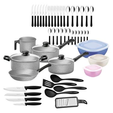 Imagem de Kit Cozinha 47 Peças Panelas Antiaderentes, Talheres, Facas, Potes E Utensílios Tramontina 20297612
