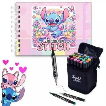 Imagem de Kit Livro de Colorir Stitch + 24 Canetas Marcador Ponta Dupla, Capa Dura, 50 Pag (LIVRO ROSA)