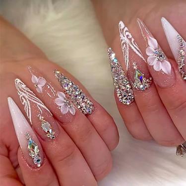 Imagem de Rilafuvu Unhas Postiças Amêndoas, Flor Postiça, Strass, Acrílico Rosa, Glitter, Cola Brilhante Para Mulheres E Meninas, 24 Peças (Unhas De Flores)