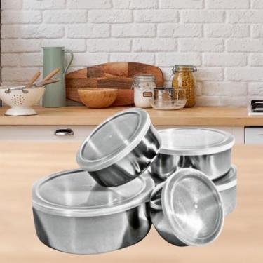 Imagem de Pote Tigelas Vasilha kit 5 Peças Aço Inox Com Tampa Silicone Resistent