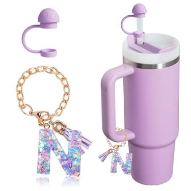 Imagem de HaimiLiya Capa de canudo com corrente de copo com letra inicial para acessórios Stanley Cup, tampa de canudo de 10 mm, pingente de copo fofo, roxo