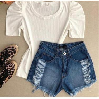 Imagem de blusa feminina manga curta princesa bufante gola rasa malha canelada l