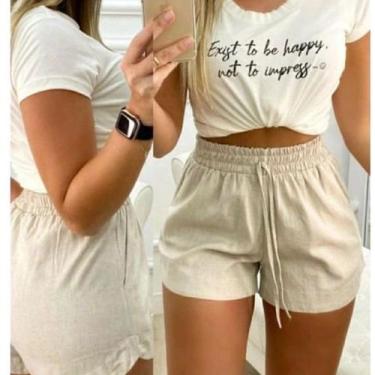 Imagem de Short curto feminino elástico na cintura linho - Filó Modas, G, Verde