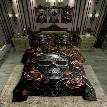 Imagem de Erosebridal Conjunto de edredom Queen com caveira de açúcar, floral rosa laranja para crianças, meninos, meninas, adolescentes, adultos, edredom de plumas de esqueleto gótico, hippie exótico, conjunto