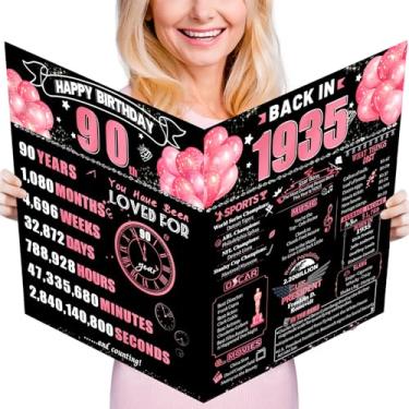 Imagem de WinSmile Cartão de aniversário jumbo 90 com envelope, decoração de aniversário retrô rosa preta para mulheres e vovó, presentes de aniversário engraçados de 90 anos para mãe, em 1935