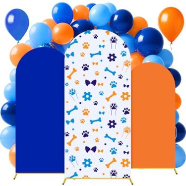 Imagem de Tingjoo 3 peças de capa de fundo de arco azul com tema de cachorro decoração de arco de poliéster para fotos de cosplay adereços de casamento, chá de bebê, lembrancinha de festa de aniversário, 1,2 m