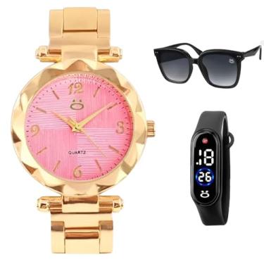 Imagem de Kit Presente Feminino com Relógio Analógico Dourado, Relógio Digital Pulseira Silicone e Óculos de Sol UV – Mostrador Rosa, Edição Limitada