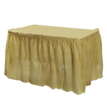 Imagem de Conjunto de capa de mesa de plástico, saia descartável, à prova d'água, portátil para festa ao ar livre, aniversário, casamento, mesa redonda retangular, amarela, 1 peça