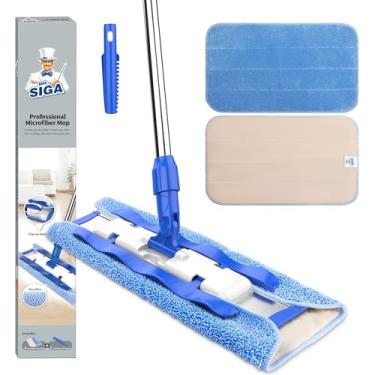 Imagem de MR.SIGA Mop de microfibra profissional para limpeza de pisos de madeira, laminados e azulejos, cabo de aço inoxidável - 3 esfregões planos reutilizáveis e 1 esfregão para remoção de sujeira incluídos