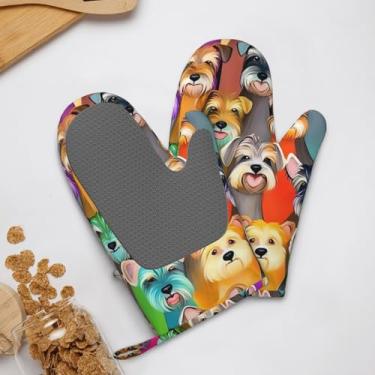 Imagem de Conjunto de 2 luvas de silicone para forno, resistentes ao calor, antiderrapantes, forro de algodão, luva de cozimento, óleo, fofo, Schnauzer, cães, luvas de churrasco para cozinhar, assar, grelhar