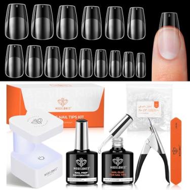 Imagem de modelones Kit de unhas de gel caixão curto, 510 peças de unhas postiças 15 tamanhos, desidratador de preparação de cola 22,8 em um e mini cortador de luz em U V, pontas de caixão curto pré-moldadas