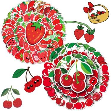 Imagem de Adesivos de morango e cereja – 100 peças de decalques de frutas de vinil à prova d'água – divertidos, coloridos e duráveis para cadernos, espelhos, agendas, cartões, álbuns de recortes e uso escolar