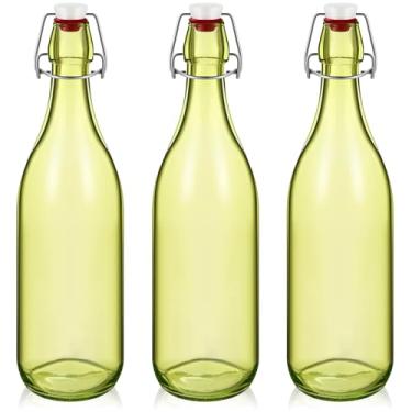 Imagem de Teenyyou 3 garrafas de vidro verde claro de 1 L, garrafas decorativas verde-claro com tampa hermética para vinho caseiro, faça você mesmo, faça suas próprias bebidas, decoração para centros de mesa